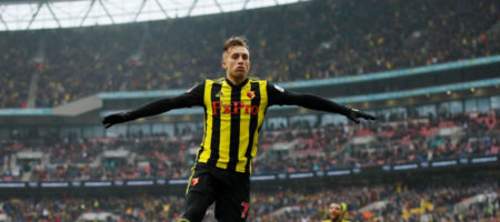 Gerard Deulofeu celebra uno de sus goles con el Watford. Foto Reuters