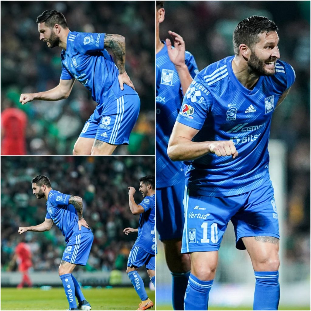 Peculiar celebración en el gol de Gignac. 1 gol 1 asistencia. Foto cortesía