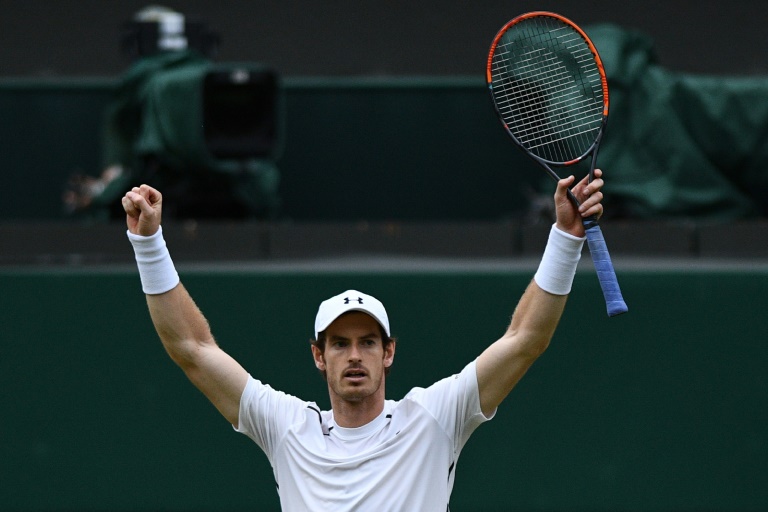 Andy Murray celebra su victoria ante Jo Wilfried Tsonga el 6 de julio de 2016 en Wimbledon / AFP / GLYN KIRK