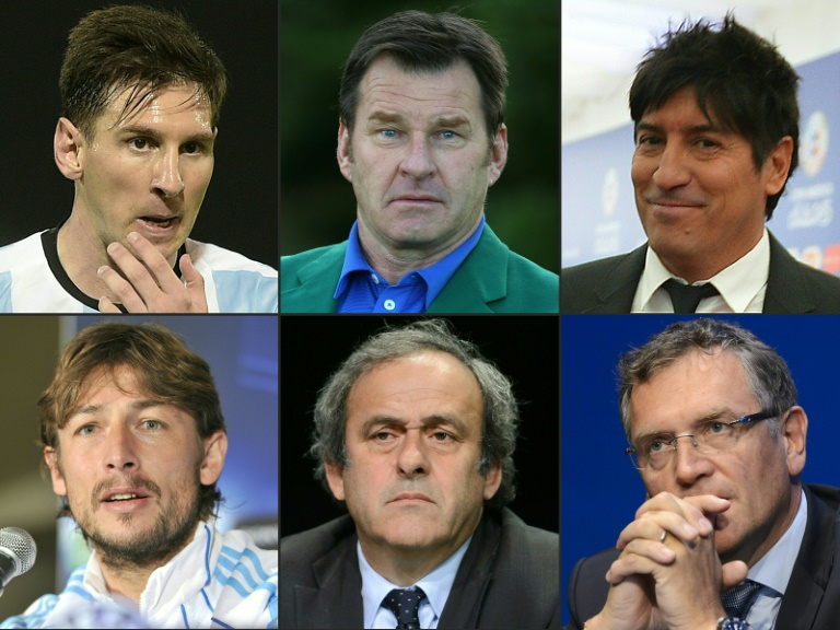 Combinación de fotografías creada el 4 de abril de 2016 que muestra (de I a D) al futbolista Lionel Messi, al golfista Nick Faldo, al exfutbolista Iván Zamorano, al futbolista Gabriel Heinze, a los excargos de la FIFA Michel Platini y Jerôme Valcke involucrados en los de Panamá / AFP / -